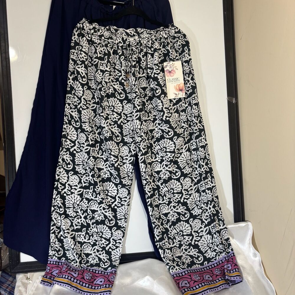 Classic Concepts Black and White Paisley Print Wide Leg Viscose Pants